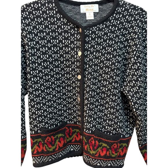 Vintage Tally Ho Sweater Womens Small Black Knit Floral Border Cardigan 90s - Picture 3 of 5